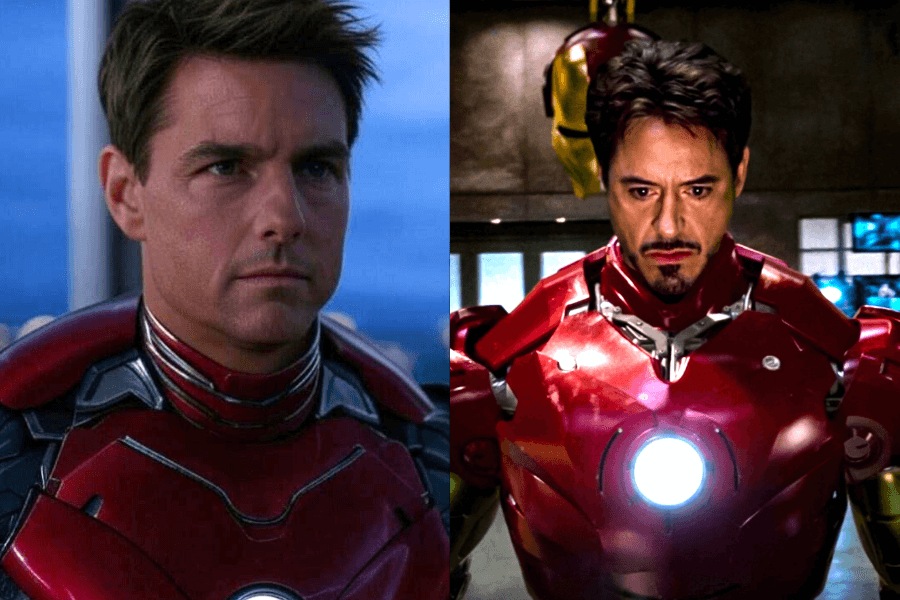 A side-by-side image of two actors wearing the iconic red and gold Iron Man suit. On the left, a man with short brown hair and a clean-shaven face has a serious expression while standing outdoors, his suit appearing sleek and polished. On the right, a man with dark hair and a goatee, dressed in the same Iron Man armor, looks down in a dimly lit workshop with a determined expression.