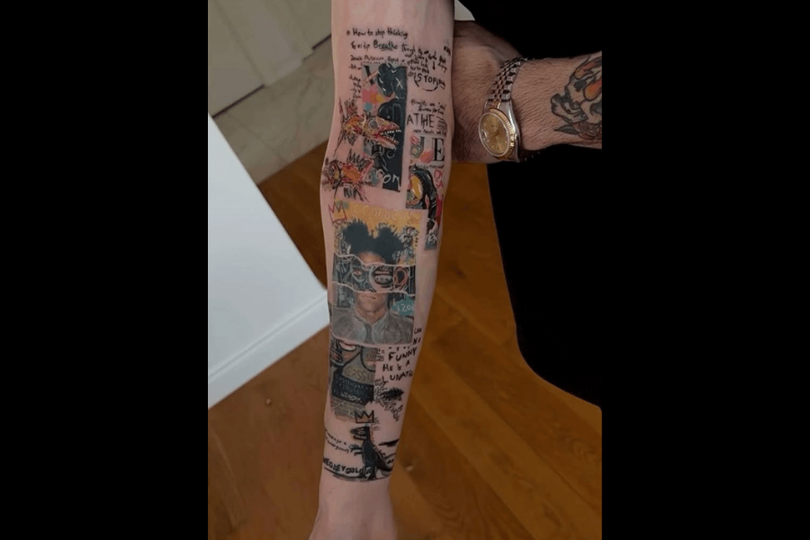 A highly detailed tattoo sleeve featuring a collage of artistic elements, including abstract patterns, colorful drawings, text, and a central portrait of a person wearing sunglasses. The design is chaotic and vibrant, combining text, graffiti-like illustrations, and fine details to create a bold and expressive piece. The wearer has additional tattoos visible on their wrist and arm.