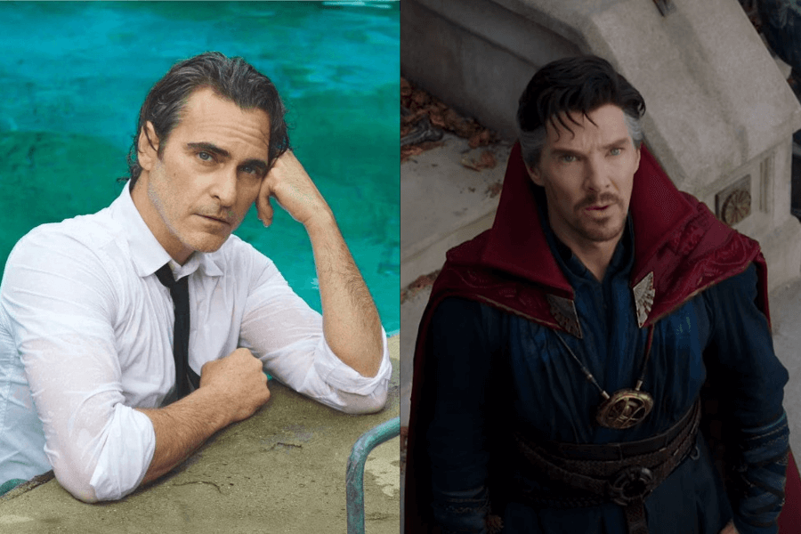 A side-by-side image featuring two distinct portrayals of intensity. On the left, a man with slicked-back dark hair and a contemplative expression leans on the edge of a swimming pool, wearing a wet white dress shirt and black tie, with the turquoise water behind him. On the right, a sorcerer dressed in a deep blue tunic with a red cloak and the Eye of Agamotto necklace stands on stone steps, looking ahead with a focused and determined gaze.