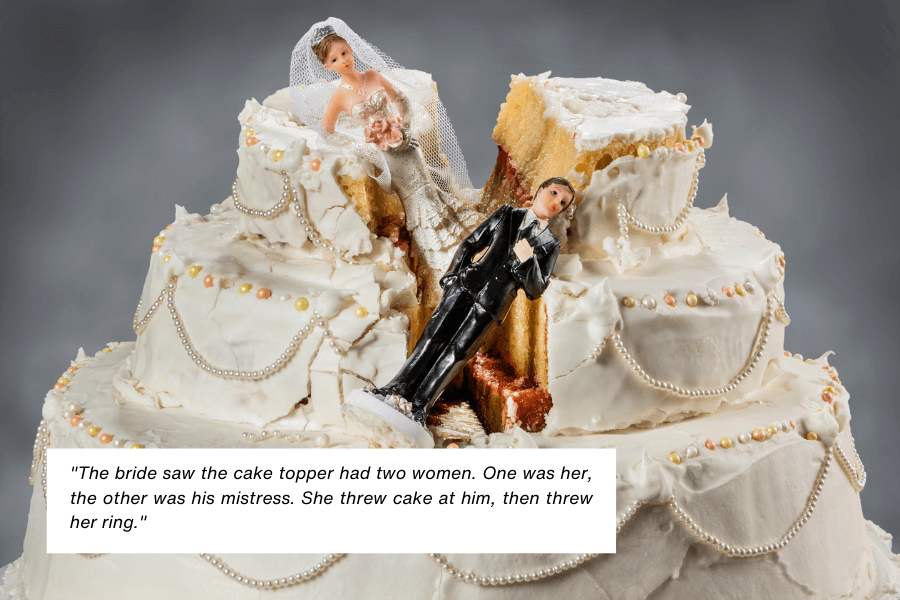 A broken wedding cake with toppled figurines, including a bride, a groom, and an additional woman, sits in disarray with chunks missing. A caption explains the bride’s outrage upon seeing the cake topper included her and the groom’s mistress, leading her to throw cake at him and remove her ring.