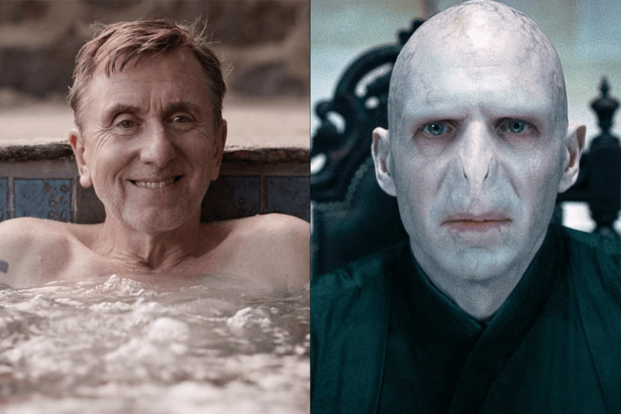 A side-by-side image of two vastly different characters. On the left, a man with short, light brown hair and a tattoo on his arm smiles while relaxing in a hot tub, his shoulders above the bubbling water. On the right, a pale, bald figure with snake-like facial features and piercing blue eyes wears dark robes and sits in a gothic-style chair with a cold, menacing expression.