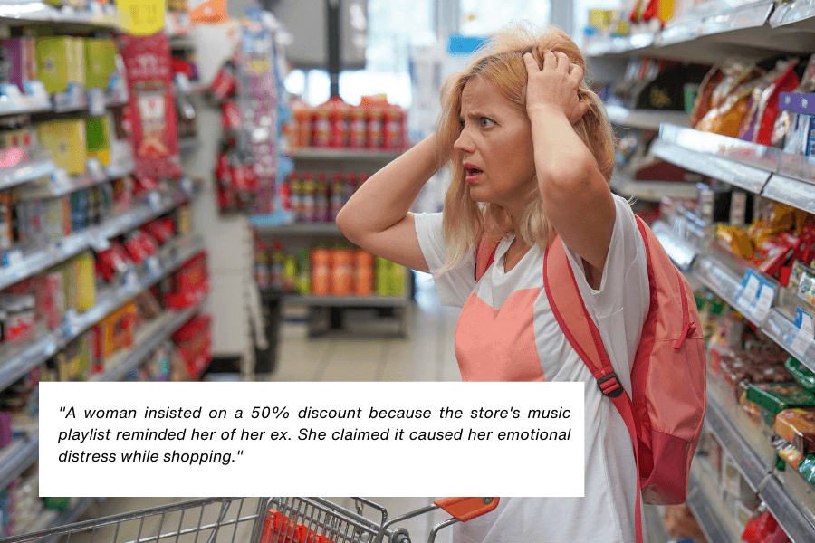 This image shows a woman in a grocery store aisle, looking distressed with her hands on her head while pushing a shopping cart. She is wearing a white shirt and a pink backpack, with shelves of products visible in the background. The quote in the image reads: "A woman insisted on a 50% discount because the store’s music playlist reminded her of her ex. She claimed it caused her emotional distress while shopping."