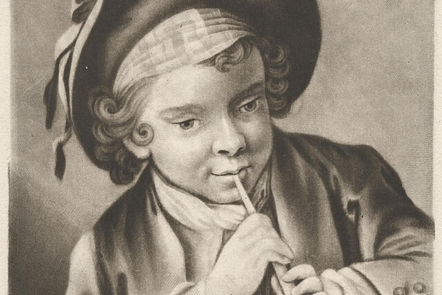 A vintage black-and-white engraving of a young boy with curly hair, wearing a large hat adorned with ribbons and a bandage on his forehead. He has a playful expression as he bites on a thin pipe or straw, dressed in an elegant coat and scarf, suggesting an 18th-century European style. The detailed shading and soft lighting add a charming and mischievous quality to the portrait.