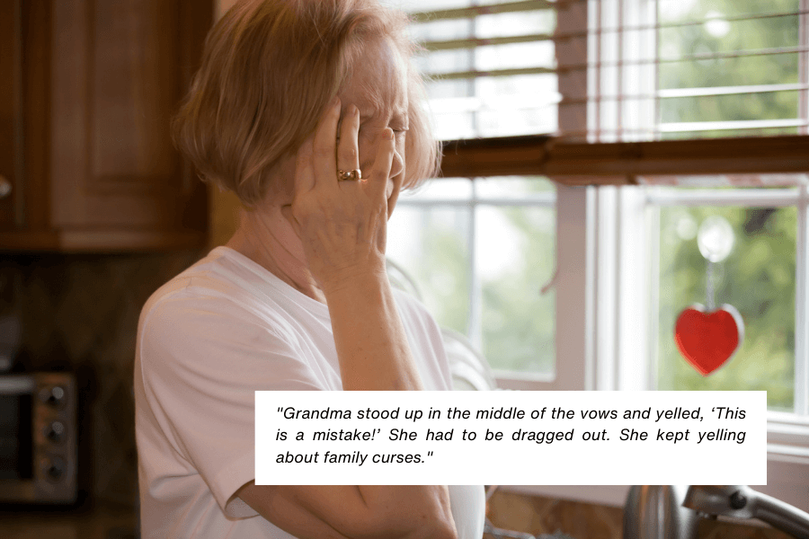 An older woman in a kitchen covers her face with her hand, appearing distressed or upset. A caption describes a wedding incident where a grandmother interrupted the vows, yelling that the marriage was a mistake and mentioning family curses, leading to her being escorted out.