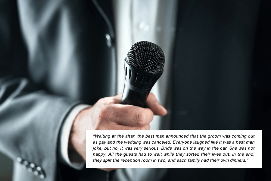 A close-up of a man in a suit holding a microphone, with a dramatic caption overlay describing a wedding where the best man announced that the groom was coming out as gay, leading to the wedding being canceled and the reception divided between the families.