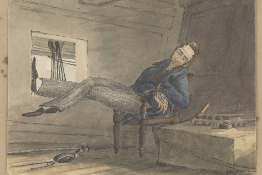 A vintage watercolor painting of a man reclining in a chair inside a small, sparsely furnished cabin. He wears a blue jacket and striped trousers, with one leg propped up against a window, giving a relaxed, almost bored demeanor. A table beside him holds books and a pipe, while a violin and bow rest on the wooden floor, suggesting he may be a musician or sailor in a quiet moment of leisure.