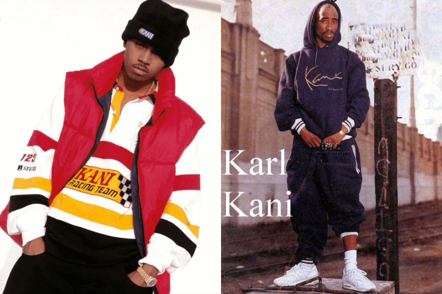 A side-by-side display of vintage Karl Kani fashion advertisements from the 90s, showcasing the brand’s influence on hip-hop streetwear. On the left, a model wears a bold "Kani Racing Team" rugby shirt with a red puffer vest and a black Karl Kani beanie, embracing the sporty-meets-street aesthetic. On the right, a classic ad featuring Tupac Shakur in a navy blue Karl Kani sweatsuit with white sneakers, posing against an urban backdrop. These images highlight Karl Kani’s legacy in hip-hop fashion and 90s street culture.