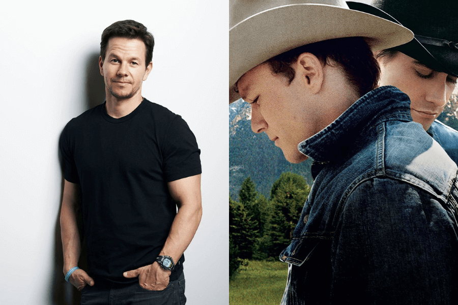 A side-by-side image of two different film-related portraits. On the left, a man with short brown hair and a confident smirk wears a black t-shirt and dark jeans, leaning casually against a plain white wall. On the right, a close-up of two men in cowboy hats and denim jackets, one resting his head near the other's shoulder, set against a mountainous landscape with a somber, emotional atmosphere.