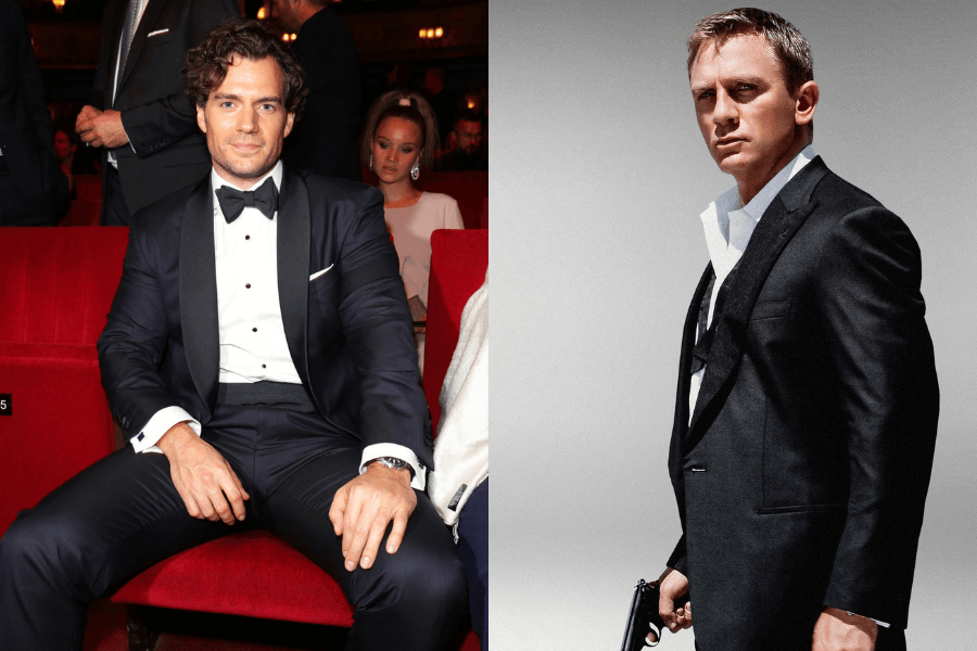 A side-by-side image featuring two stylish men in tuxedos. On the left, a man with curly hair sits in a red theater seat, wearing a black tuxedo with a white dress shirt and bow tie, looking confident with his hands resting on his thighs. On the right, a man with short blond hair stands in a sleek black suit, slightly unbuttoned at the collar, holding a gun in his hand against a minimalist gray background, giving an intense and focused stare.