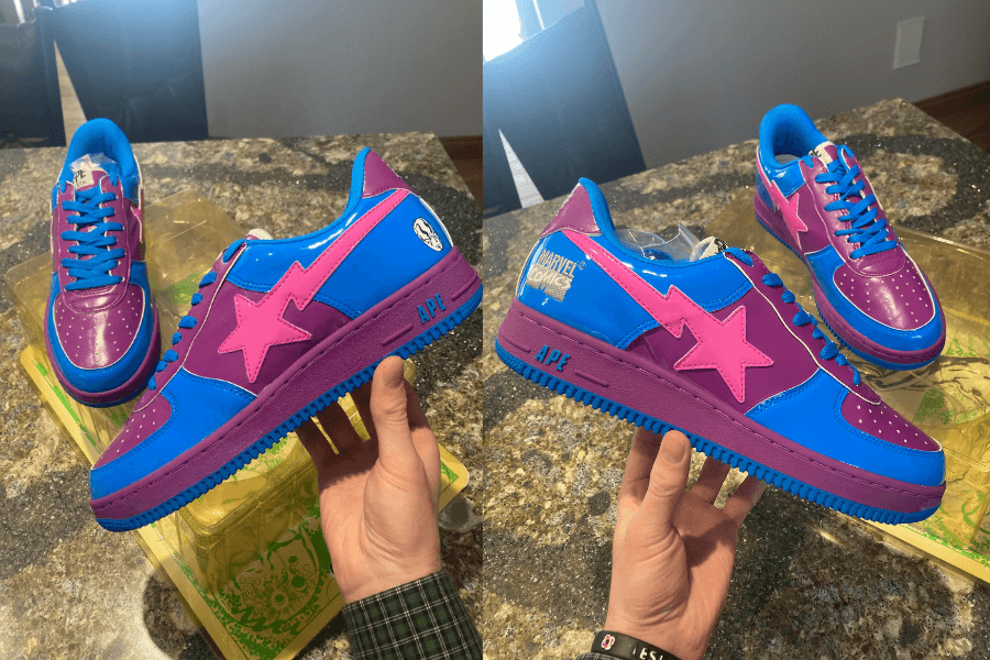  A pair of vibrant BAPE STA sneakers in a bold blue and pink patent leather colorway, showcased from multiple angles. The sneakers feature the signature star logo on the side, “Ape” branding on the midsole, and Marvel Comics collaboration details on the heel. The glossy finish and striking color combination embody the streetwear hype and collectible sneaker culture.