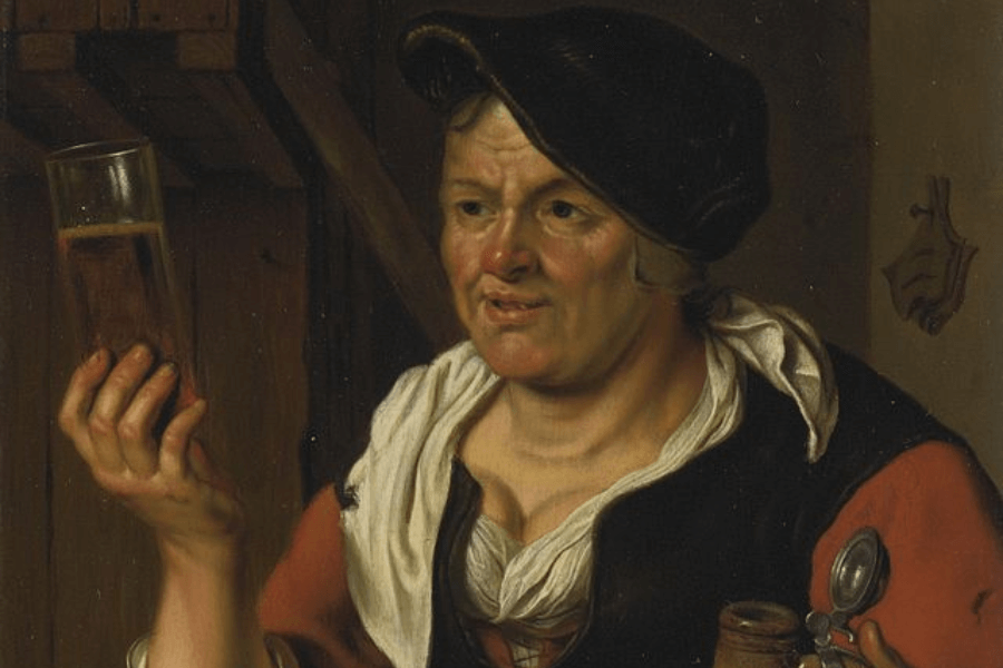 A detailed oil painting of a middle-aged woman in rustic attire, holding up a glass of beer with a disgusted or skeptical expression. She wears a black cap, a red and black vest over a white blouse, and has a white cloth draped over her shoulder. In her other hand, she holds a clay jug with a pewter lid, suggesting a tavern or domestic setting. The dimly lit background includes wooden elements and a hanging object on the wall, enhancing the intimate, genre-style scene.