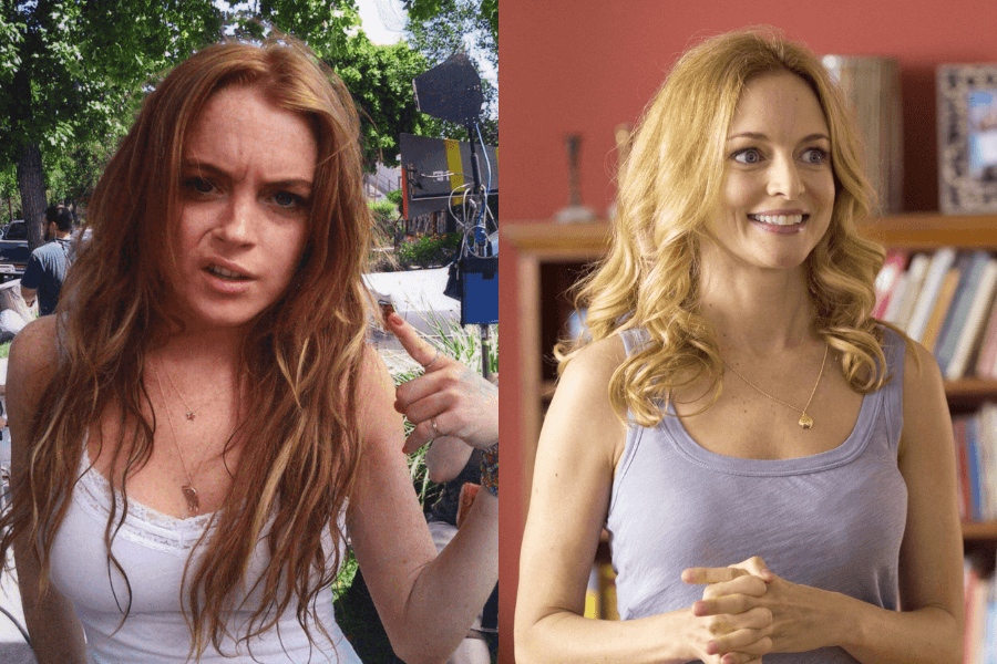 A side-by-side image of two actresses in different roles. On the left, a woman with long, wavy red hair wears a white tank top and layered necklaces, pointing at something off-camera with a confused and annoyed expression while standing outdoors on a film set. On the right, a blonde woman in a lavender tank top smiles warmly in a cozy indoor setting with bookshelves in the background, hands clasped together in a friendly gesture.