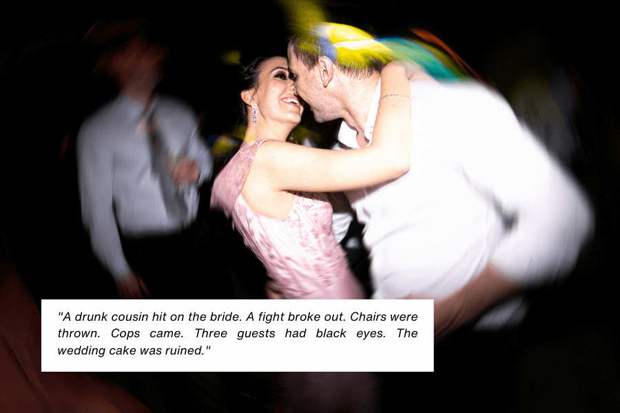 A bride in a pink dress smiles while dancing closely with a man at a lively wedding reception, with blurred lights and movement in the background. A caption details a chaotic scene where a drunk cousin hit on the bride, leading to a fight, thrown chairs, police involvement, and a ruined wedding cake.