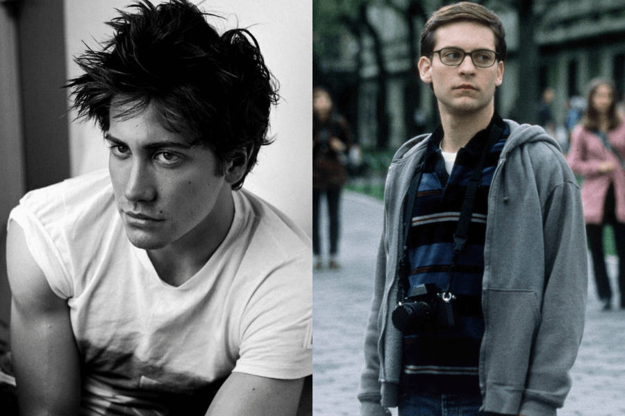 A side-by-side image of two actors in contrasting portrayals. On the left, a black-and-white portrait of a young man with tousled hair, wearing a white t-shirt, sitting with an intense and brooding expression. On the right, a college-aged man with short, neatly combed hair and glasses wears a striped polo under a gray hoodie, carrying a camera around his neck, looking off to the side in a busy university setting.
