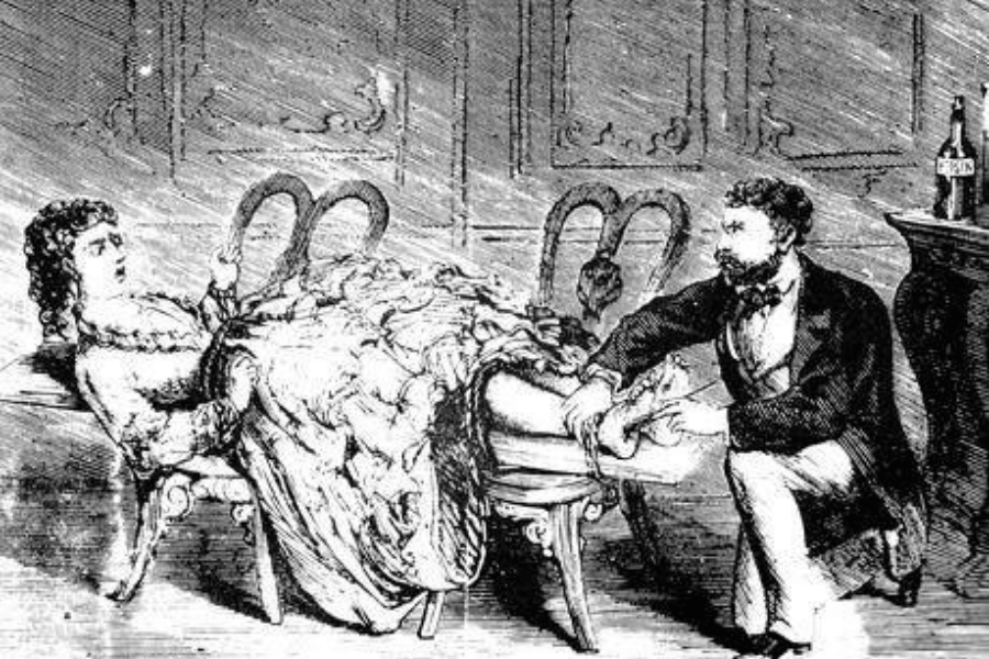 A vintage black-and-white engraving depicting a dramatic scene in an elegant room. A woman in a flowing dress reclines on two chairs, gripping the backrest with a shocked expression, while a well-dressed man kneels beside her, appearing to cut or adjust something near her feet. The setting includes ornate furniture, panelled walls, and a bottle labeled "Chlorin" on a mantel, hinting at a medical or experimental context.