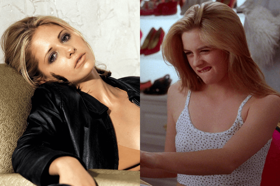 A side-by-side image featuring two actresses in iconic styles. On the left, a woman with blonde hair leans back in a relaxed pose, wearing a black leather jacket over a nude-toned top, gazing into the camera with a sultry expression. On the right, a young woman with long blonde hair, wearing a white spaghetti-strap top, bites her lip playfully while looking at something off-camera in a brightly lit closet filled with shoes and clothes.
