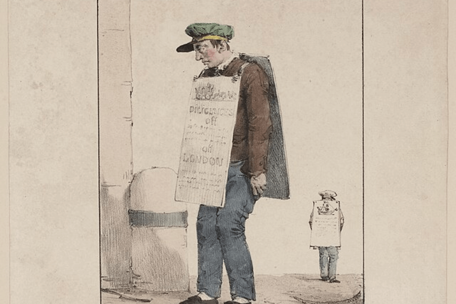 A vintage watercolor illustration depicting a downcast man wearing a sandwich board sign that reads "Disgraces of London." He wears a green cap, a brown jacket, and blue trousers, with a slouched posture and a cigarette in his mouth. In the background, another individual, also wearing a similar board, walks away, reinforcing the theme of public humiliation or street advertising.