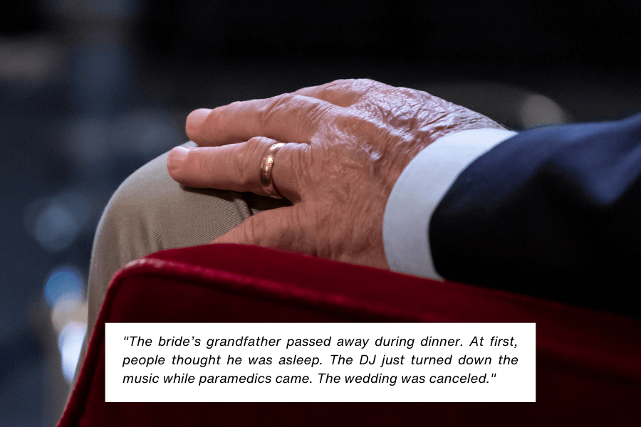 A close-up of an elderly hand resting on a knee, wearing a wedding band, with a red chair and blurred background. A caption explains that the bride’s grandfather passed away during dinner at the wedding, initially mistaken for sleeping, leading to the music being turned off and the wedding being canceled.