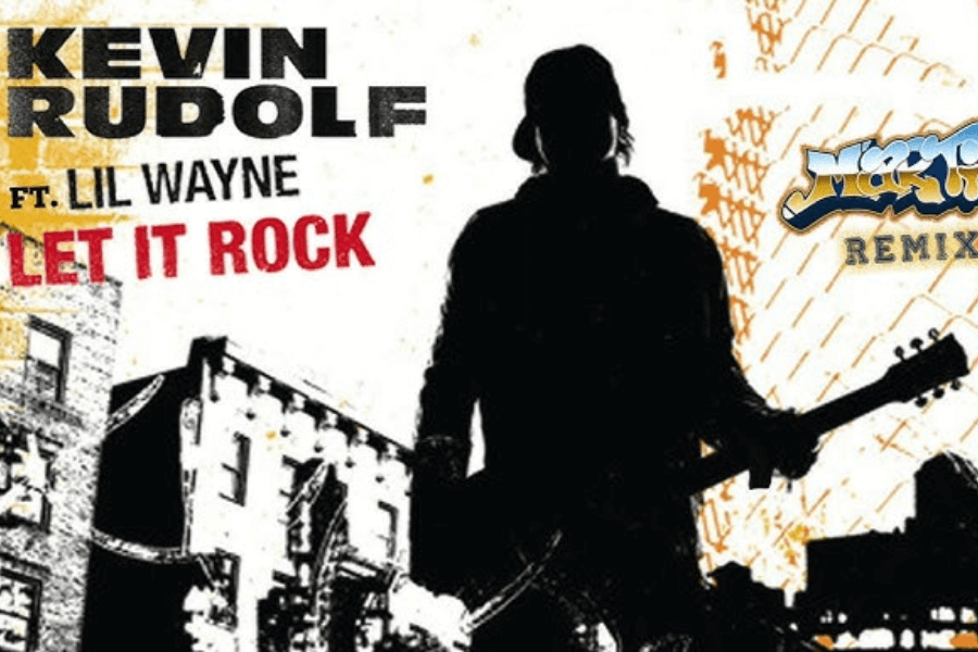 The cover art for Kevin Rudolf’s Let It Rock featuring Lil Wayne showcases a stylized black silhouette of a guitarist against an urban cityscape with grunge textures. The bold typography displays the artist’s name in black and yellow, the song title in red, and "Remix" in graffiti-style lettering on the right. The design has a high-energy rock and hip-hop fusion aesthetic.