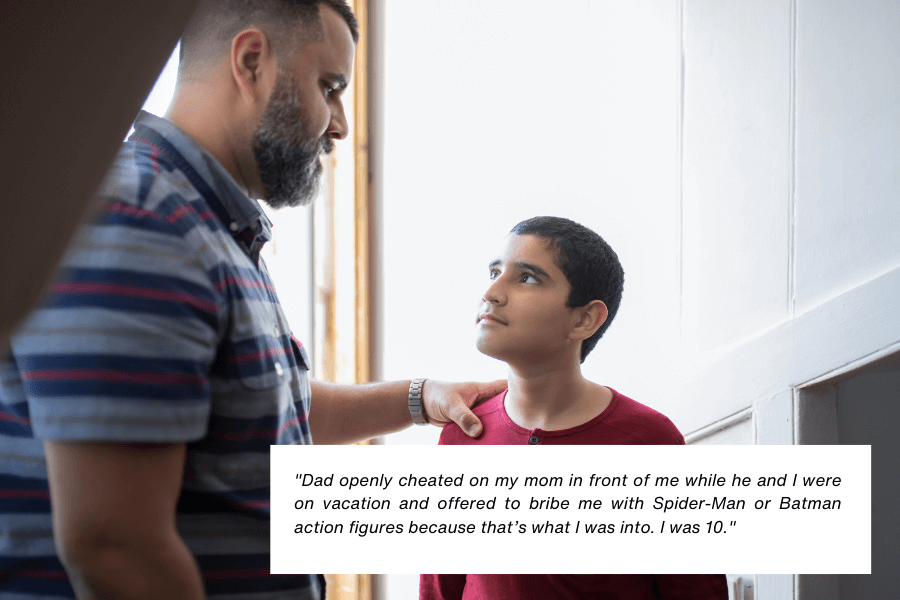 A young boy in a red shirt looks up at an older man, who has his hand on the boy's shoulder, in what appears to be a serious conversation. The setting is bright, with sunlight streaming through a nearby window. Below the image, text reads: "Dad openly cheated on my mom in front of me while he and I were on vacation and offered to bribe me with Spider-Man or Batman action figures because that’s what I was into. I was 10."