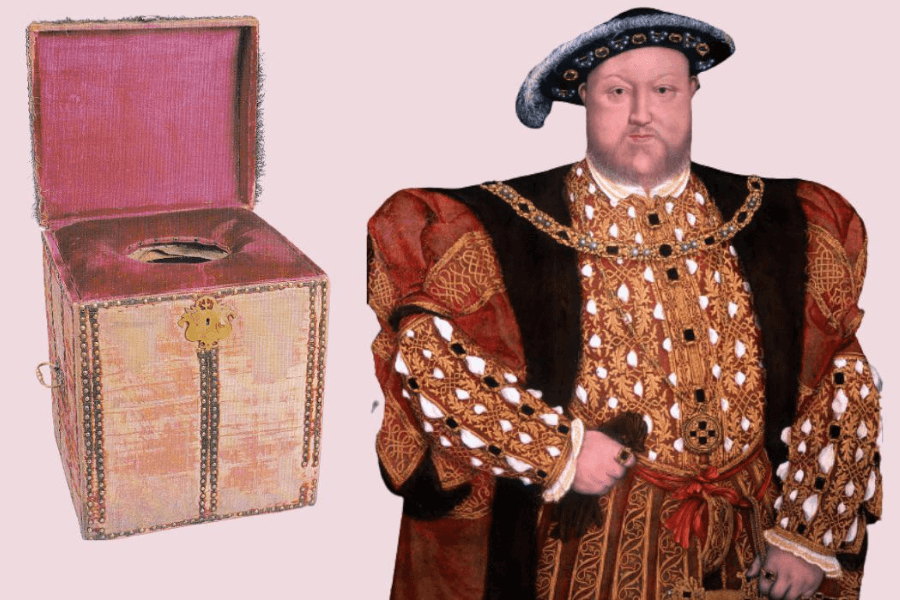 A digitally edited image featuring a famous portrait of King Henry VIII in his elaborate gold-embroidered attire, standing next to a luxurious, velvet-lined, portable toilet, known as a "close stool." The ornate box has a hinged lid and a central opening, reflecting historical hygiene practices among royalty. The juxtaposition humorously highlights the contrast between regal grandeur and everyday necessities.