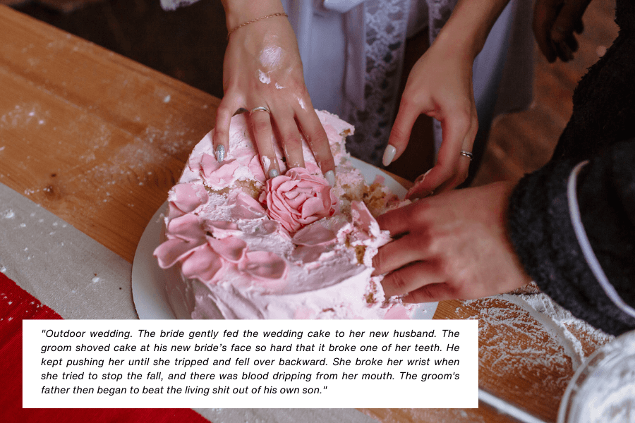 A partially destroyed pink wedding cake with delicate rose decorations sits on a table as two people’s hands touch it, one wearing a wedding ring. A caption details a chaotic wedding moment where the groom shoved cake into the bride's face, leading to injuries and an altercation involving the groom’s father.