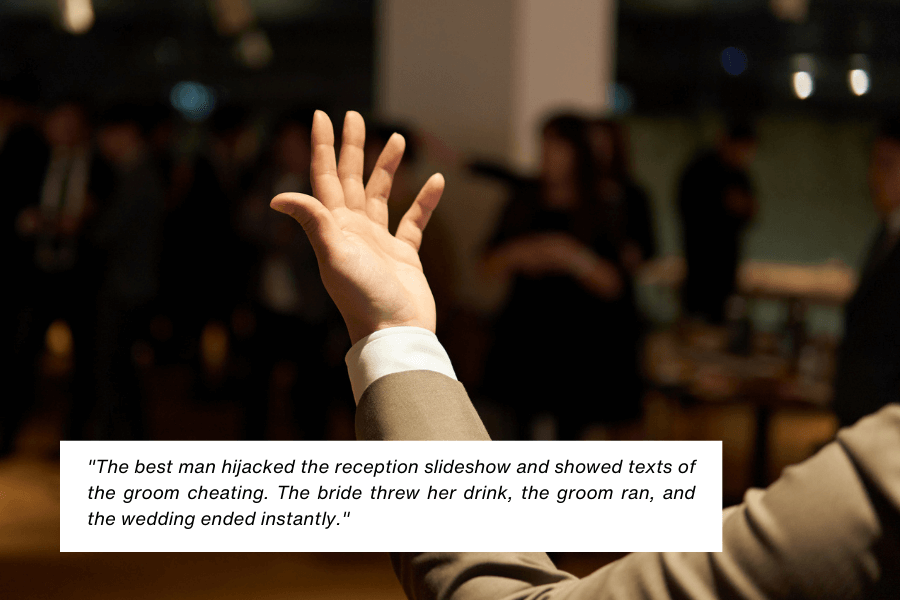  A person gestures toward a crowd at a wedding reception, with blurred figures in the background. A caption describes a dramatic moment when the best man hijacked the reception slideshow to display texts exposing the groom’s infidelity, prompting the bride to throw her drink and the groom to flee, ending the wedding abruptly.