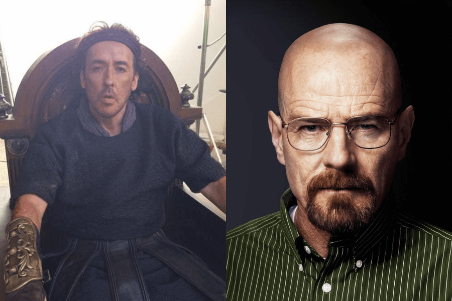 A side-by-side image of two actors in dramatically different roles. On the left, a man dressed in medieval-style clothing with a dark tunic, leather armor, and a headband sits in an ornate wooden chair, looking exhausted or surprised with slightly open lips, behind-the-scenes set equipment visible in the background. On the right, a bald man with glasses and a neatly trimmed goatee wears a green-striped button-up shirt, staring intensely at the camera against a dark background.
