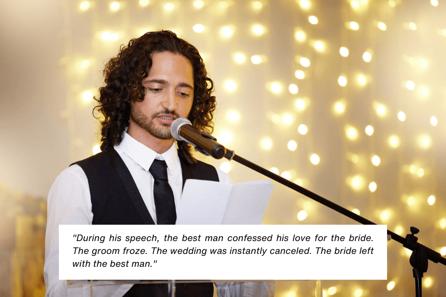 A man with curly hair, dressed in formal attire, speaks into a microphone while holding a paper, standing against a backdrop of soft, glowing lights. A caption reveals the best man confessed his love for the bride during his speech, leading to the wedding's cancellation as the bride left with him.