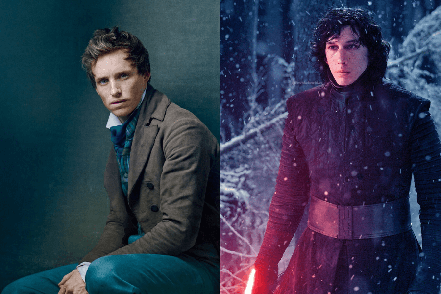 A side-by-side image of two actors in strikingly different roles. On the left, a man with tousled hair wears a vintage brown coat, blue scarf, and period-appropriate attire, sitting in a moody, painterly portrait setting with a melancholic gaze. On the right, a dark warrior dressed in black, with long curly hair, stands in a snowy forest gripping a glowing red lightsaber, his intense expression illuminated by the eerie glow.
