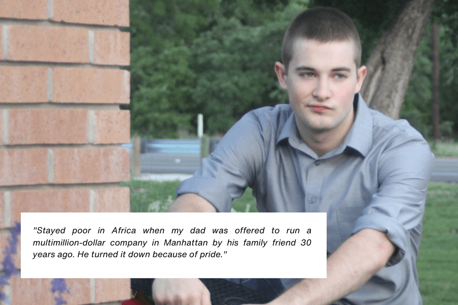 A young man wearing a light blue shirt sits outdoors next to a brick wall, gazing off into the distance with a contemplative expression. The background features green trees and a blurred park-like setting. Below the image, text reads: "Stayed poor in Africa when my dad was offered to run a multimillion-dollar company in Manhattan by his family friend 30 years ago. He turned it down because of pride."