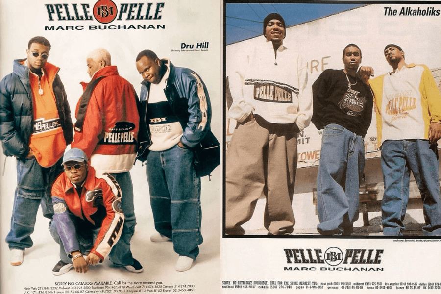 A vintage Pelle Pelle advertisement featuring two hip-hop groups, Dru Hill and The Alkaholiks, dressed in bold 90s streetwear. On the left, Dru Hill members pose in oversized Pelle Pelle jackets, baggy jeans, and sunglasses, exuding confidence and attitude. On the right, The Alkaholiks stand in a casual street setting, rocking Pelle Pelle sweaters and relaxed denim, capturing the effortless cool of the era. The ad highlights the dominance of Pelle Pelle in hip-hop fashion, blending luxury with urban style.