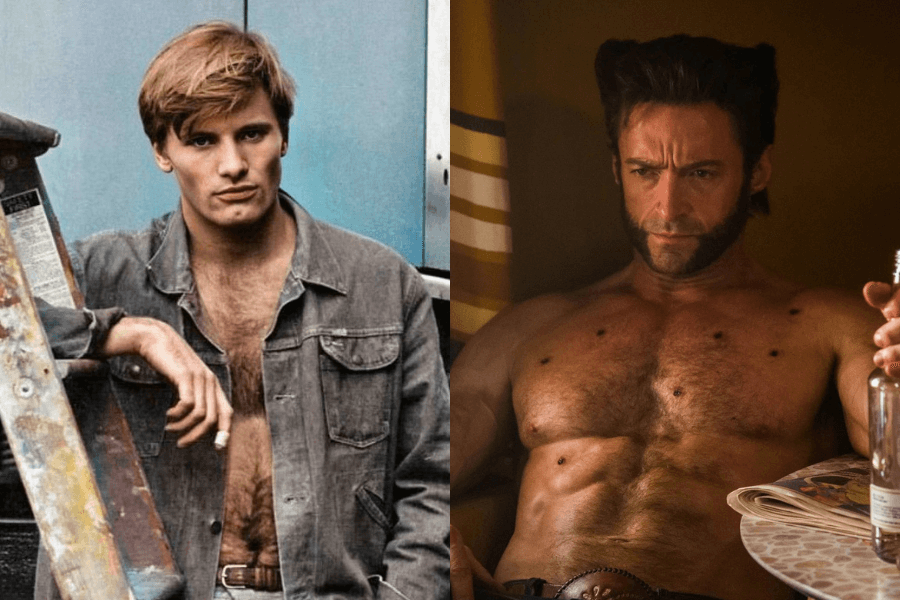 A side-by-side image of two rugged, masculine characters. On the left, a young man with blonde hair leans against a metal ladder, wearing an unbuttoned denim jacket revealing a hairy chest, holding a cigarette and staring coolly at the camera. On the right, a muscular man with distinctive mutton chops, styled hair, and bullet wounds across his bare chest sits in a dimly lit room, holding a drink while looking intensely downward.