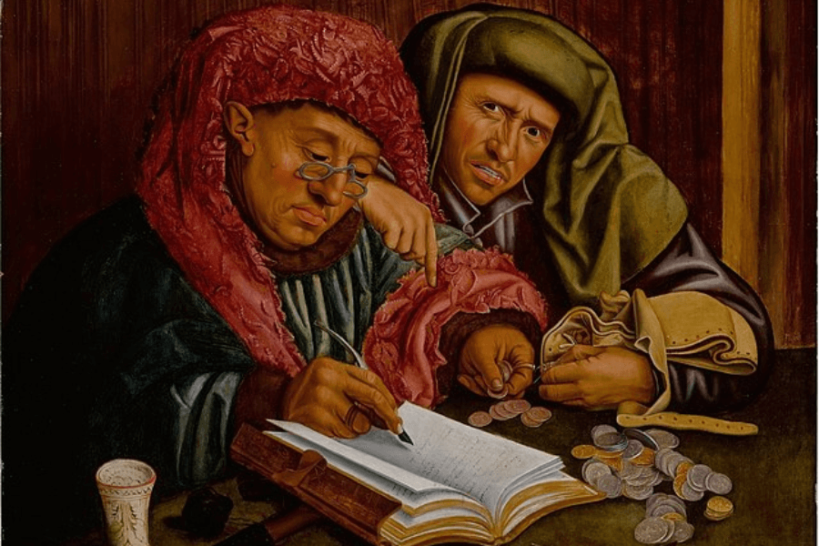 A detailed Renaissance-style painting of two money lenders or tax collectors sitting at a table covered in coins and a ledger. One figure, wearing glasses and a red headscarf, is carefully writing in a book, while the other, dressed in green, leans in suspiciously, pointing at something with a concerned expression. The painting conveys themes of greed, wealth, and financial scrutiny.