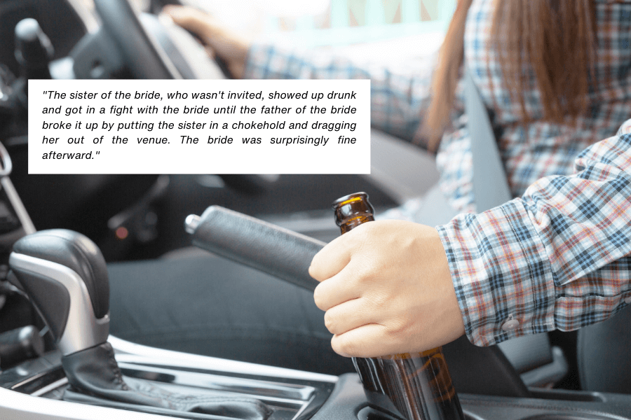 A person in a plaid shirt sits in the driver's seat of a car, holding a beer bottle near the gear shift and handbrake. A caption describes a wedding altercation involving the bride’s drunk, uninvited sister, which was broken up by their father.