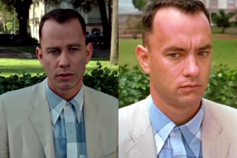 A side-by-side comparison of two nearly identical images of a man sitting on a park bench, wearing a beige suit over a blue plaid button-up shirt. His hair is neatly trimmed, and he has a serious, slightly puzzled expression. The background features green bushes and trees in a well-maintained park, with soft sunlight casting natural light on the scene.