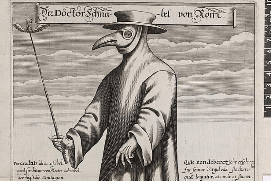 A historical black-and-white engraving of a plague doctor dressed in a long robe, gloves, and a distinctive beaked mask with glass eye openings. He wears a wide-brimmed hat and holds a long staff with a small winged figure carrying an hourglass at the tip. The text at the top reads "Dr. Doctor Schnabel von Rom," referring to the fictionalized depiction of a plague doctor in Rome.