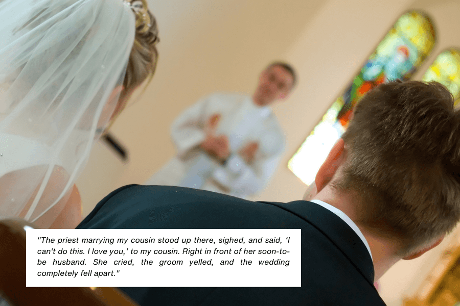 A bride and groom are seated with their backs to the camera, facing a priest in a church with stained glass windows in the background. A caption describes a dramatic moment where the priest confessed his love for the bride, causing the wedding to collapse into chaos.