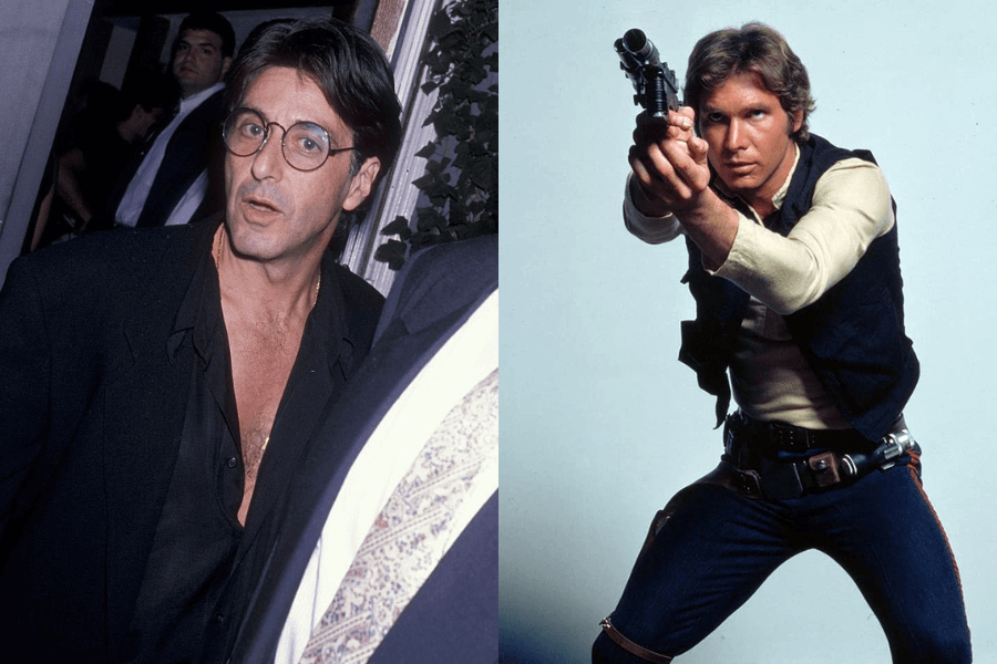 A side-by-side image comparing two very different styles. On the left, a man with dark hair and round glasses wears a black, unbuttoned shirt with a blazer, giving a surprised or casual expression at a formal event. On the right, a classic promotional shot of Han Solo from Star Wars, dressed in his signature white shirt, black vest, and gun holster, aiming his blaster with a determined expression.