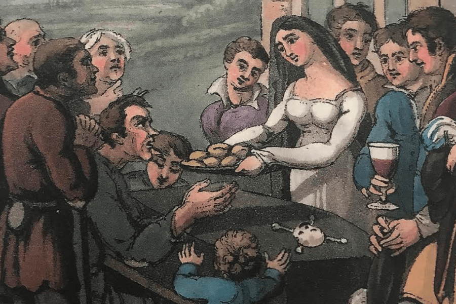 A historical illustration depicting a young woman in a flowing white dress offering a tray of bread to a group of seated and standing people. The gathering includes men, women, and children, some appearing desperate or pleading, while others look on with curiosity. A goblet of wine and a small skull with crossbones rest on the table, hinting at a dramatic or symbolic moment.