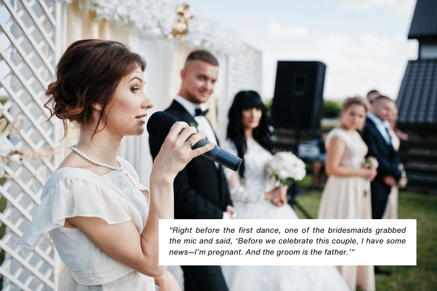 A bridesmaid holding a microphone speaks at an outdoor wedding reception while the bride and groom, along with other guests, look on. A caption recounts the bridesmaid announcing her pregnancy and revealing the groom as the father, causing a scandal.