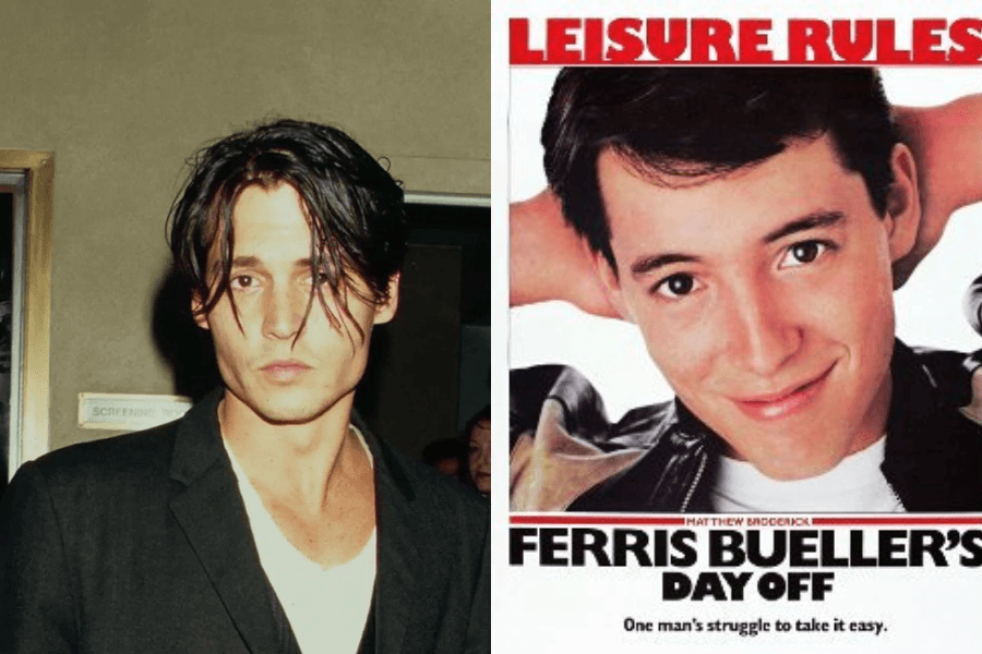 A side-by-side image featuring two contrasting looks. On the left, a young man with tousled dark hair, wearing a black blazer over a white shirt, gives an intense, moody expression at an event. On the right, the iconic movie poster for Ferris Bueller's Day Off, showing a smiling young man reclining with his hands behind his head, wearing a black leather jacket. The tagline "Leisure Rules" is displayed at the top.