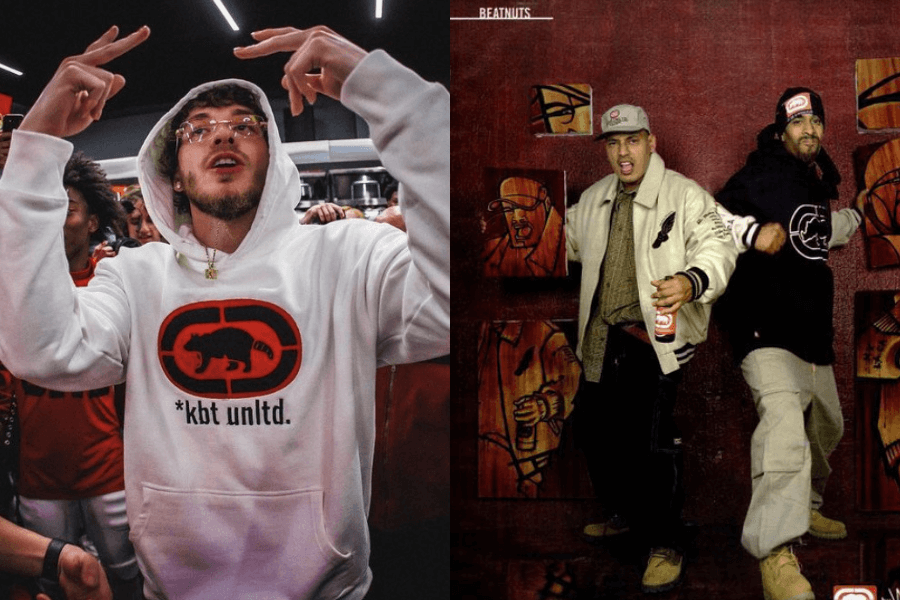  Side-by-side images featuring people wearing Karl Kani's "KBT Unlimited" streetwear. On the left, a young man in a white hoodie with the signature beaver logo and "*kbt unltd." text is surrounded by a crowd in a celebratory atmosphere. On the right, a vintage photograph of two men, likely from the hip-hop group The Beatnuts, wearing Kani gear, including a black hoodie with the same beaver logo, a varsity jacket, and Von Dutch trucker hats, against a graffiti-style background. The images capture the influence of Kani's brand in both modern and classic hip-hop culture.