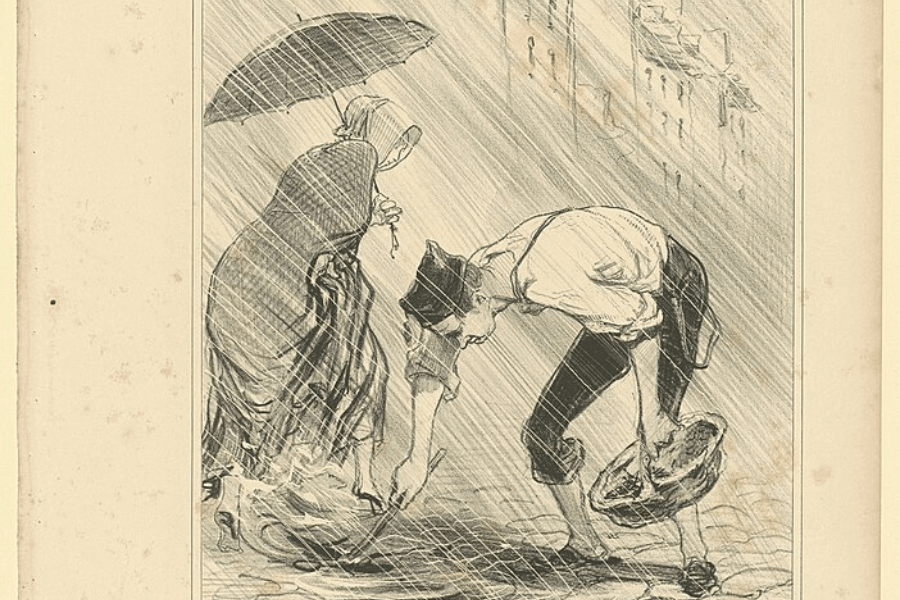  A black-and-white vintage illustration depicting a heavy rainstorm in a city street. A barefoot young boy, dressed in ragged clothes, bends down to pick something up from the flooded cobblestones, holding his cap in one hand. Behind him, an older woman in a long dress and bonnet struggles with an umbrella against the wind, her posture showing discomfort in the harsh weather.