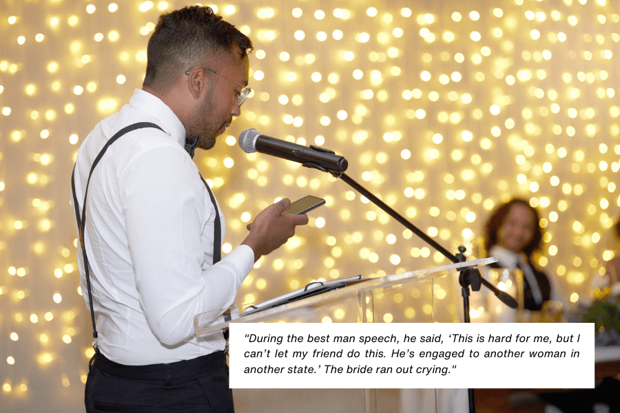 A best man stands at a podium holding a phone while giving a speech during a wedding reception, with warm fairy lights in the background. A caption describes the best man revealing the groom’s engagement to another woman, causing the bride to leave in tears.