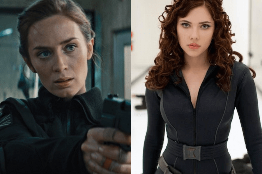 A side-by-side image of two fierce female action stars. On the left, a woman with tied-back hair, wearing a tactical black suit, holds a gun with a determined expression in a tense scene. On the right, a woman with curly red hair, dressed in a sleek black bodysuit with a red belt buckle, stands confidently in a futuristic white corridor.