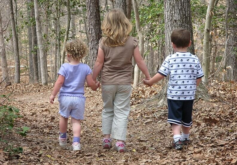 Three young children walk hand-in-hand along a leaf-covered trail in a wooded area. They are dressed in casual summer clothes, with the older child in the middle leading the way through the trees.