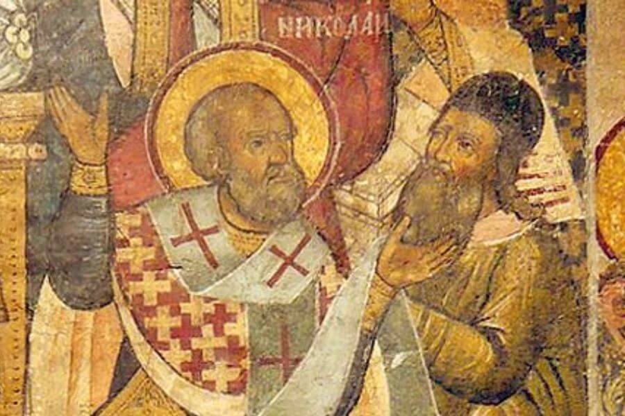 Saint Nicholas of Myra slapping Arius at the Council of Nicaea Greek Icon