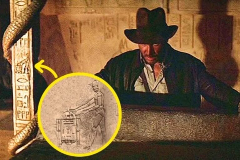 A man wearing a fedora and leather jacket examines an ancient stone surface in a dimly lit temple. The column beside him is covered in hieroglyphs, with a snake coiled around it. A zoomed-in detail highlights an engraving resembling two well-known sci-fi droids.