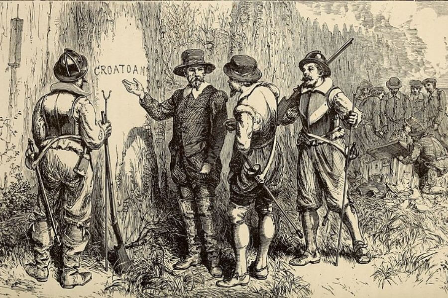 This image depicts John White returning to the Roanoke Colony in 1590 to discover the settlement abandoned. A pallisade had been constructed since White's departure in 1587, and the word "CROATOAN" was found carved near the entrance.